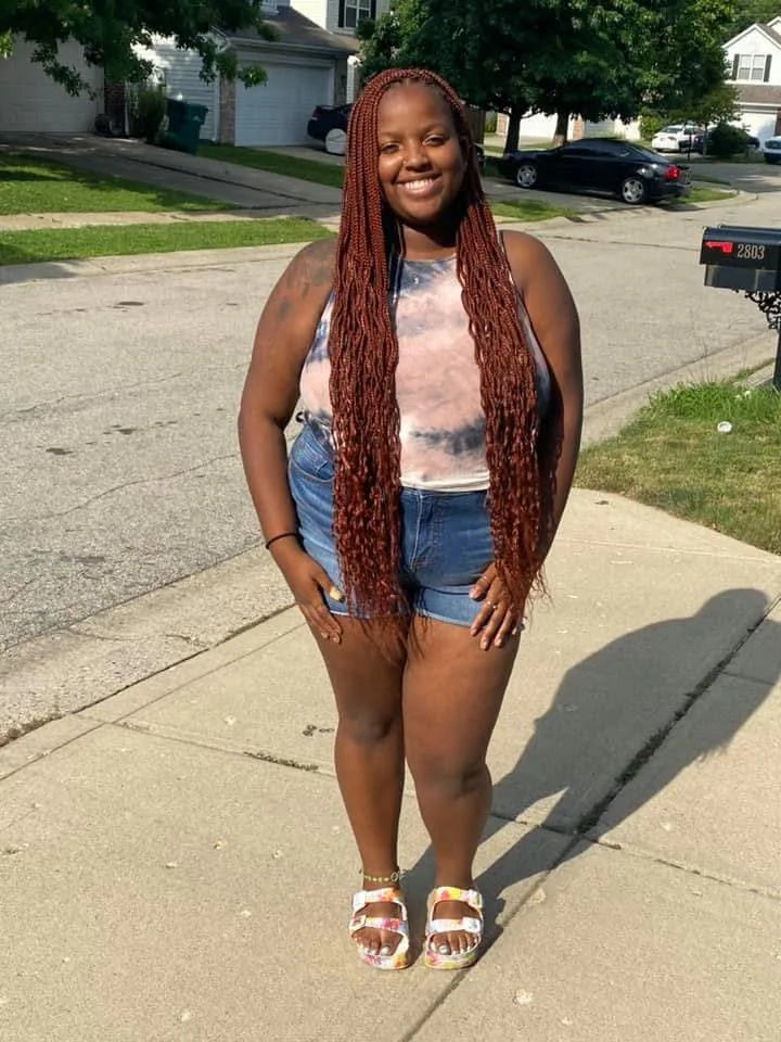 Client outdoors with extra-long auburn box braids — Box Braids